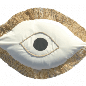 Coussin oeil grec – Tissu blanc avec franges en raphia