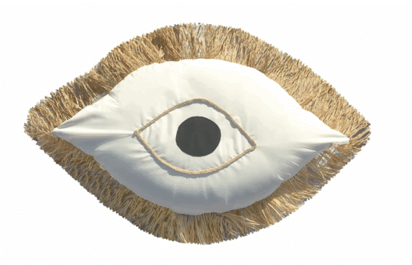 Coussin oeil grec - Tissu blanc avec franges en raphia – Image 3